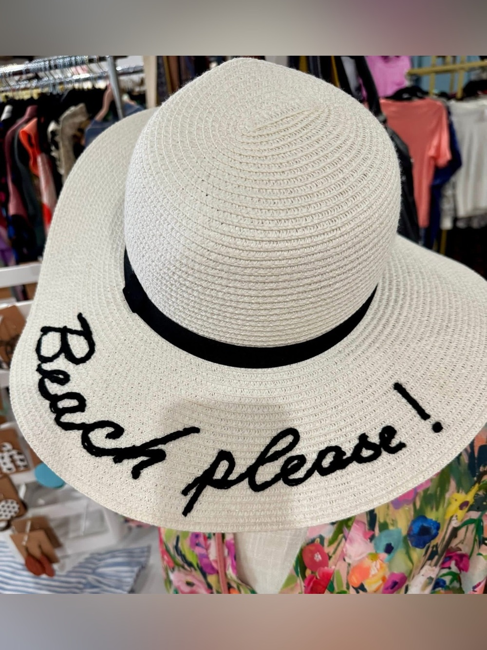 Wide Brim Straw Sun Hat - "Beach please!" - Cream with Black Trim